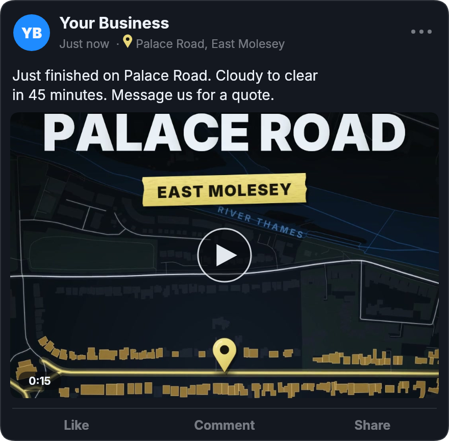 Illustration of a post on a business page: just finished on Palace Road, with the video