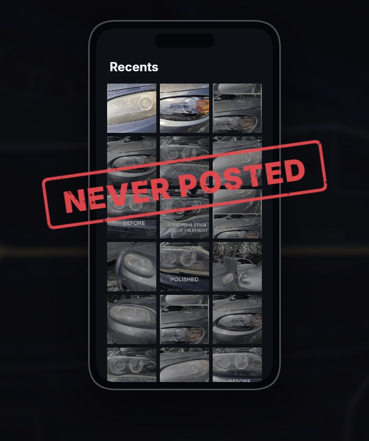 A phone's camera roll full of job photos, stamped never posted
