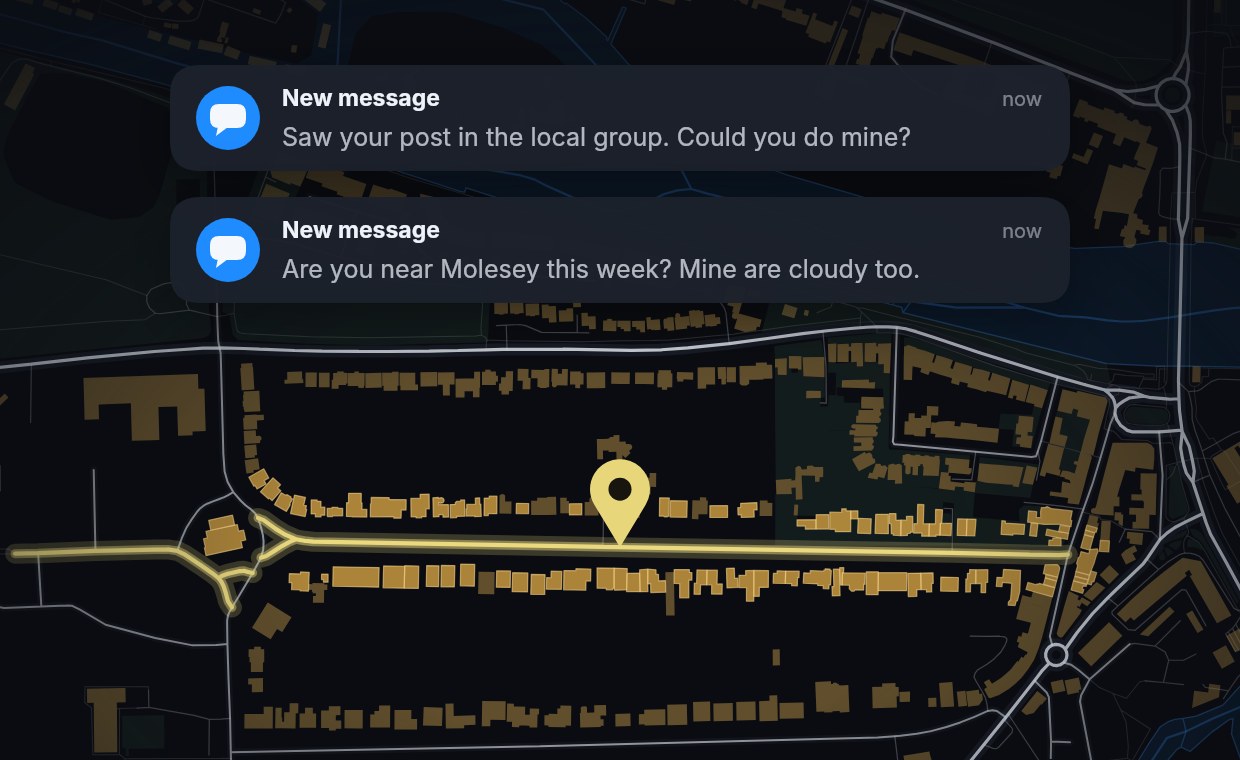 Two new messages from neighbours asking for a quote, over a lit neighbourhood map